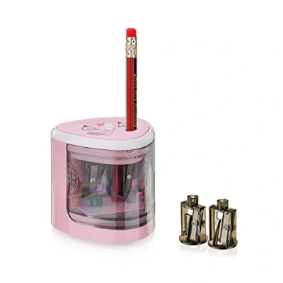 Immagine di Peach PO102 temperamatite elettrico universale con pezzi di ricambio per tutte le matite, matite colorate, eyeliner e pastelli doppio penne da 6 8 mm 9 12 rosa, rosa