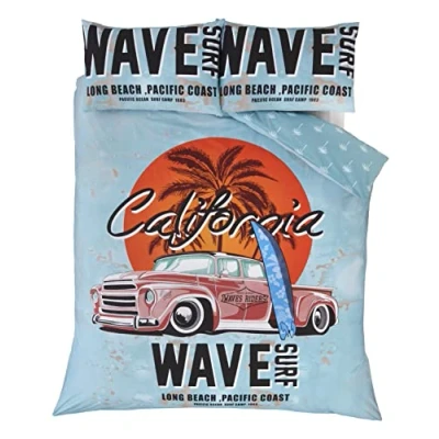 Immagine di Rapport Home Piumino Set di Biancheria da Letto con Copripiumino in Stile retrò, tavola Surf California su Una Spiaggia Palma e Auto d&#039;Epoca, Policotone, Blu, Uovo D&#039;Anatra, Doppio