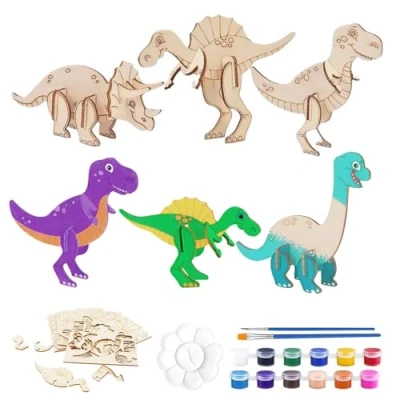 Immagine di Guyode 16 Pezzi Lavoretti Creativi per Bambini Puzzle Dinosauri Set Pittura Giocattoli in Legno Regali Bambini, 3D Dinosauro Colorare (Dinosauro)