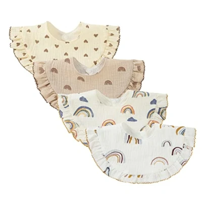 Immagine di Nishine 4 pezzi Bavaglini per bambini unisex in mussola Bandana bava 360 gradi girevoli cotone la dentizione e l&#039;alimentazione bambine,set arcobaleno