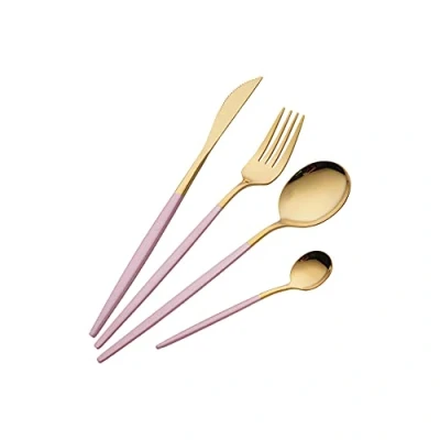 Immagine di OUQIWEN Set di posate da 16 pezzi,set rosa e oro,set in acciaio inossidabile,servizio per 4,Compreso forchetta/cucchiaio/coltello/cucchiaino (Oro Rosa)