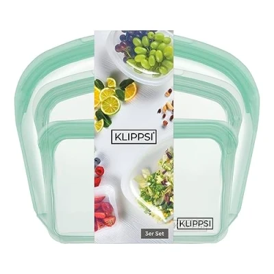 Immagine di KLIPPSI® Set di 3 sacchetti in silicone riutilizzabili, resistenti agli strappi, al caldo e freddo, a prova perdite, lavabili lavastoviglie (verde)