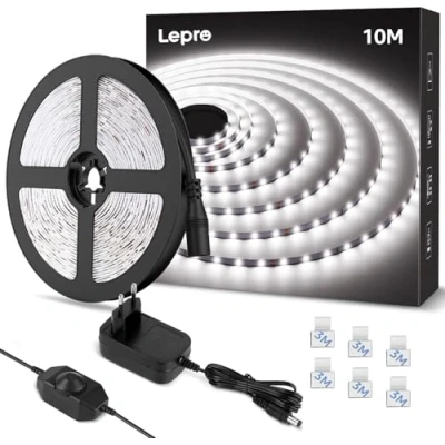 Immagine di Lepro Striscia LED 10M Bianco Freddo 6000K Dimmerabile, 24V 1800 Lumen 420 SMD2835 Nastri per Decorazioni Interne/Feste/Natale, Strisce Kit Completo con Alimentatore e Interruttore Dimmer