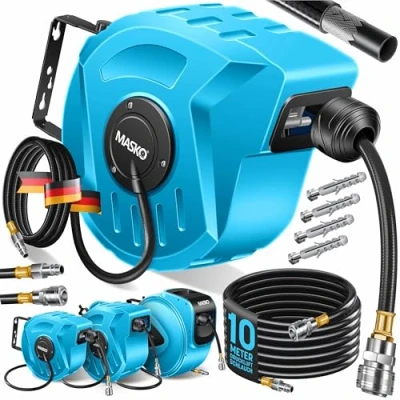 Immagine di MASKO® Avvolgitore per tubo ad aria compressa automatico Attacco 1/4 Avvolgitubo Portatubo a muro compressa, blu, 10m