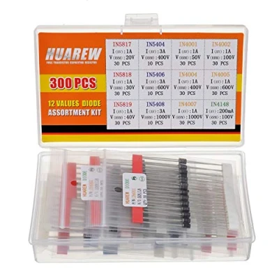 Immagine di HUAREW 12 valori 300 pezzi Diodi raddrizzatori 1N4001 1N4002 1N4004 1N4005 1N4007 1N5404 1N5406 1N5408 Schottky 1N5817 1N5818 1N5819 di commutazione 1N4148 Kit classificazione