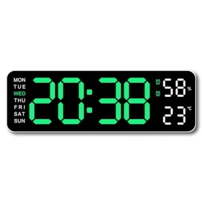 Immagine di Yssevlon Grande Orologio da Parete Digitale con Temperatura e umidità, Display Settimanale, Sveglia Elettronica Tavolo A LED, 12/24 Ore, Verde