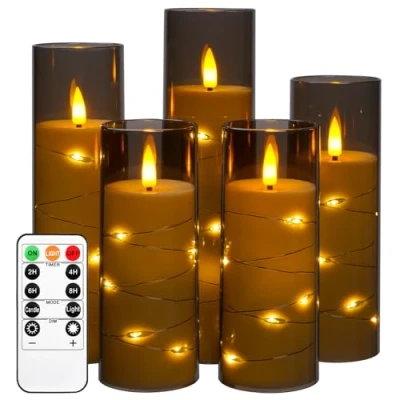 Immagine di Lume di candela a LED, batteria con luce stringa incassata, senza fiamma da 5 pezzi telecomando 11 tasti, funzione timer 24 ore, danzante (senza batteria).