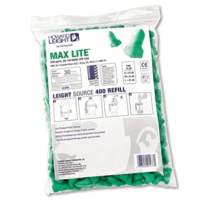 Immagine di Honeywell Howard Leight 1013048 Max Lite, tappi auricolari monouso in schiuma, SNR 34, colore verde, a forma di T, senza cordoncino (confezione da 200 paia ricarica con cerniera)
