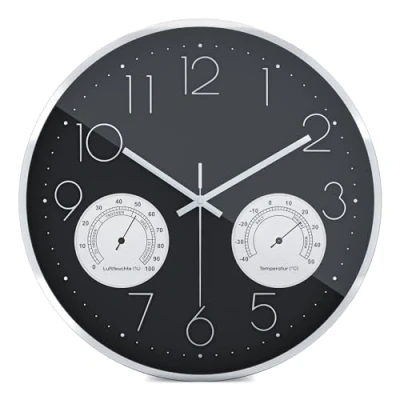 Immagine di Mebus Grande orologio da parete con telaio in alluminio di alta qualità, senza ticchettio, grazie al preciso movimento quarzo, visualizzazione temperatura e umidità, cifre 3D cromate, nero,