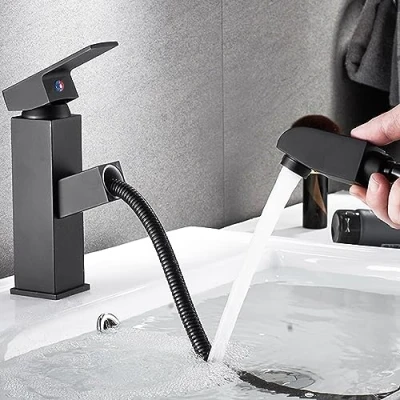 Immagine di Rubinetto bagno con doccetta estraibile nero acciaio inox monocomando acqua calda e fredda 2 tubi inclusi miscelatore lavabo