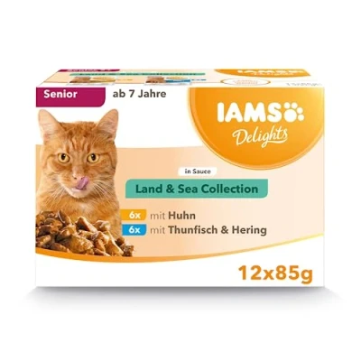 Immagine di IAMS Delights Land &amp; Sea Collection Alimento umido in salsa per gatti anziani con una varietà di gusti a base carne e pesce, 12 x 85g