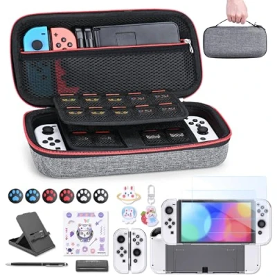 Immagine di innoAura Accessori NS Switch OLED Pacchetto 18 in 1 con Custodia Switch, per Giochi Protezione Schermo Supporto Switch,Thumb Grip(Grigio)