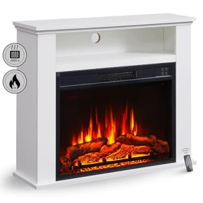 Immagine di BALDERIA camino elettrico da terra Frida Caminetto a pavimento con riscaldamento 2000 W Vano aggiuntivo, effetto fiamma 3D Focolare telecomando, timer, termostato Bianco
