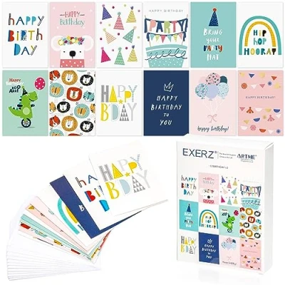 Immagine di Exerz 24 biglietti d&#039;Auguri Assortiti Multipack per Compleanno 12 disegni x2 di buon compleanno. Adatto a bambini e adulti, ragazzi ragazze.