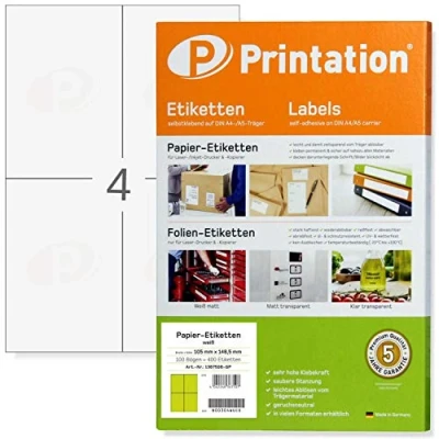 Immagine di etichette universali, 105 x 148,5 mm, DIN A6, stampabili, autoadesive, colore bianco, 100 fogli formato A4, 2 2, 148,5, adesive per spedizioni, 3483 6120 4476, 105x148