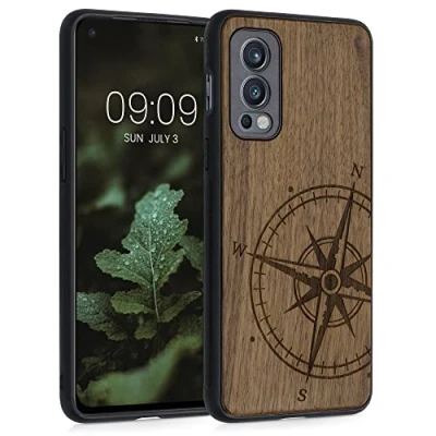 Immagine di kwmobile Custodia Compatibile con OnePlus Nord 2 5G Cover Back Case in Legno Bumper Silicone TPU Bussola Vintage Marrone Scuro