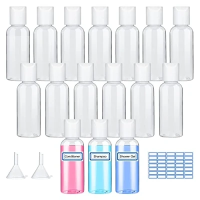 Immagine di Sinofort Flaconi da Viaggio 50 ml 16 Pezzi Boccette Contenitori Liquidi Aereo Set con Imbuto e Adesivo per Shampoo Lozioni Liquide Creme