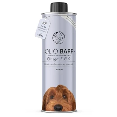 Immagine di olio Barf per cani 500 ml con Omega 3 6 9 composto da: di salmone, colza, canapa e borragine alimentazione canina da utilizzare come condimento