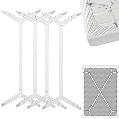 Immagine di FeelAtHome Cinghie Porta Lenzuolo Criss Cross Lenzuola Soggiorni Bretelle Mantengono Aderente o Piatto in Posizione Clip Elastiche Pinze di Fissaggio (4 Pezzi, Bianco)