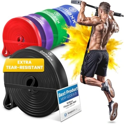 Immagine di Banda Elastica di Resistenza + Programma Allenamento Fasce Elastiche Aiuto per Pull Up Allenamento, Allungamento, Ginnastica Palestra, Yoga, Pilates Versatili, Duraturi, Resistenti