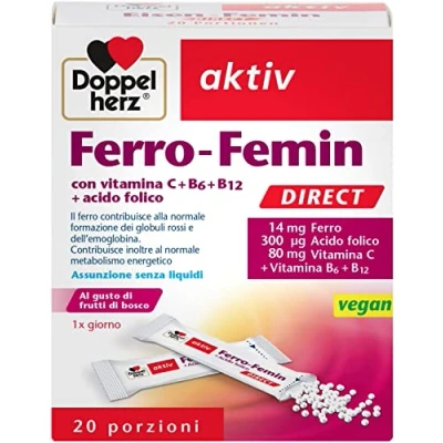 Immagine di Ferro Femin Direct 1 x 20 Bustine Integratore Vegano per la Donna con Acido folico e Vitamina C i Globuli Rossi il Metabolismo Energetico Doppelherz