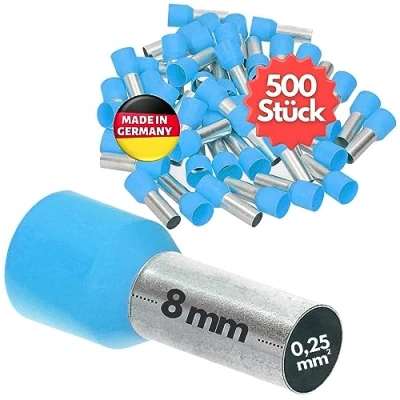 Immagine di Kalitec AE02508HBL 500 terminali isolati, 0,25 mm², lunghezza 8 mm, colore azzurro, Made in Germany, qualità industriale
