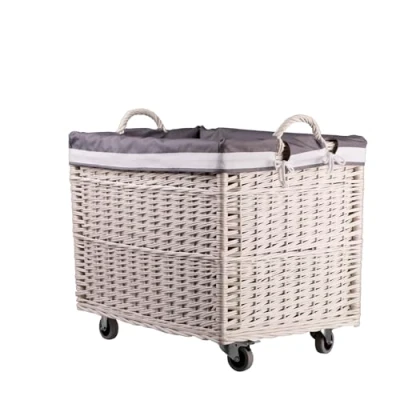 Immagine di e wicker24 cesto portabiancheria rettangolare, in vimini bianco con ruote fodera tessuto, contenitore di vimini, cestino, scatola (biancogrigio)