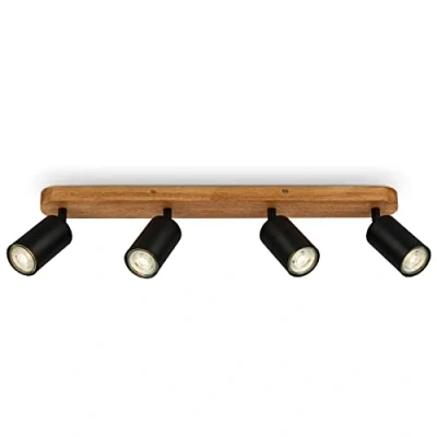 Immagine di BRILONER lampada da soffitto retrò con legno, vintage a 4 luci, 4x attacco GU10, spot LED regolabile, rustico, nero 550x60x85 mm