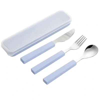 Immagine di VANRA 2 Piece Set Posate per Bambini in Acciaio Inox 18/10 Argento Bambino Stoviglie Utensili forchetta e Cucchiaio da tavola con Custodia Viaggio (blu)