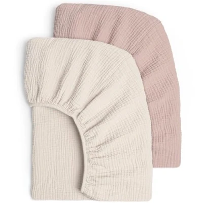 Immagine di lulumoon Set di 2 lenzuola carrozzina neonato con angoli elasticizzati per bambini, lettino 60x120 cm in cotone mussolo, culla 70 x 140 cm, biancheria da viaggio (crema sabbia)