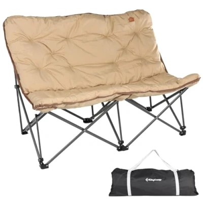 Immagine di KingCamp Doppia sedia da campeggio pieghevole leggera a 2 posti, con schienale alto, comoda imbottitura, XXL, per campeggio, giardino, picnic, interni ed esterni, cachi