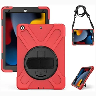 Immagine di Gerutek Custodia Cover per iPad 9/8/7 Generazione 10,2 Pollici (2021/2020/2019), Protettiva Antiurto con Supporto Rotante 360 Gradi e Cinghia a Mano/Spalla 10,2, Rosso