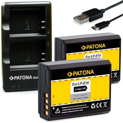 Immagine di PATONA Caricatore Doppio USB + 2x Batteria LP E10 Caricabatteria compatibile con Canon EOS 1100D 1200D 1300D 2000D 4000D Rebel T5 T6 Kiss X80 1D X Mark