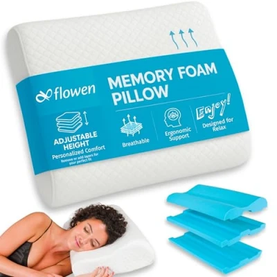Immagine di Flowen Cuscino Cervicale Altezza Regolabile Memory Foam Guanciale per Dormire a Doppia Onda Ortopedico Ideale Supporto al Collo Ergonomico Traspirante Antirussamento Anallergico Federa Lavabile