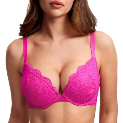 Immagine di DOBREVA Reggiseno Donna Push Up in Pizzo con Ferretto Imbottito Plunge a Coppe Modellate Rosa Glitterato 5C