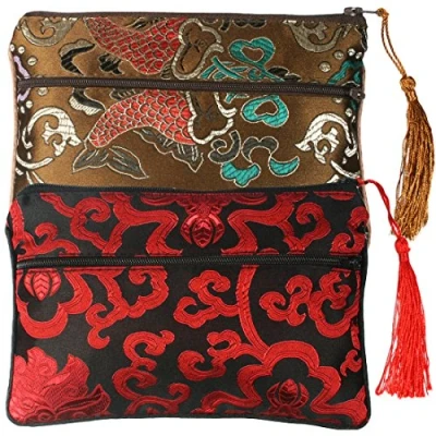 Immagine di kilofly Borse in seta cinese con broccato, chiusura lampo e nappe, set da 2 C