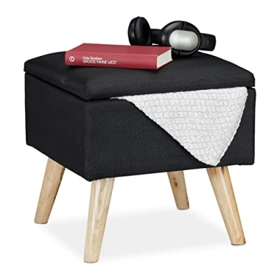 Immagine di Relaxdays Sgabello con Contenitore, Rivestimento in Lino Sintetico, Gambe Legno e Coperchio, HLP: 40x40x40 cm, Nero