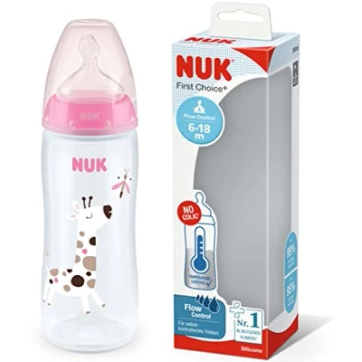 Immagine di NUK biberon First Choice+ Flow Control 6 18 mesi Controllo della temperatura Ciuccio in silicone Valvola anticolica Senza BPA 360 ml Rosa 1 unità