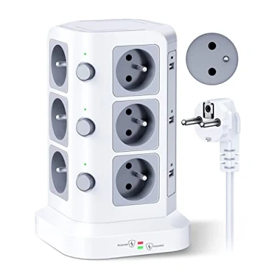 Immagine di KOOSLA 12 prese 2P+T di tipo E (Francia) torre multipresa con 6 porte USB(4000W/16A), elettrica per sovratensione, 3 interruttori individuali, cavo 2M, bianco