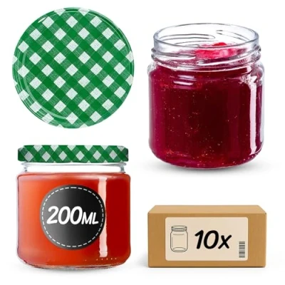 Immagine di KADAX Barattoli Ermetici di Vetro da 200 ml, Vassetti Piccoli con Coperchio a Vite per Conserve Frutta, Marmellate e Miele (Set 10, Quadri Verdi)
