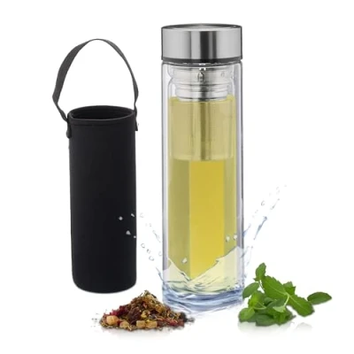 Immagine di Relaxdays Bottiglia con Infusore,450 ml,Borraccia Portatile,Custodia Neoprene,Tea Infuser,Vetro Borosilicato,Trasparente
