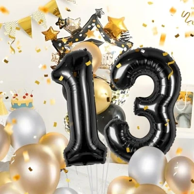 Immagine di Palloncini Compleanno 13 anni Noir 101 CM Palloncino Numero Gonfiabile in Foil Decorazioni di un uomo donna Vola con l&#039;Elio
