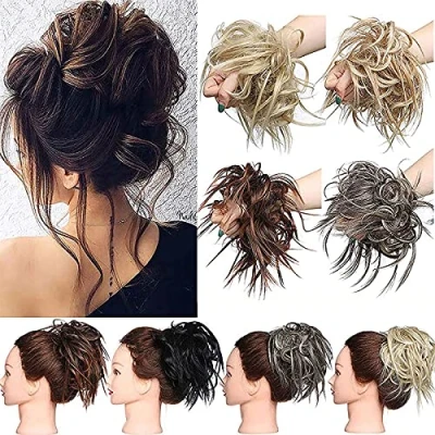 Immagine di Extension clip capelli veri Disordinato Pelo arruffato Pezzo di Scrunchies Estensioni panino ondulato Elastico Scrunchie Chignon Coda cavallo Marrone scuro