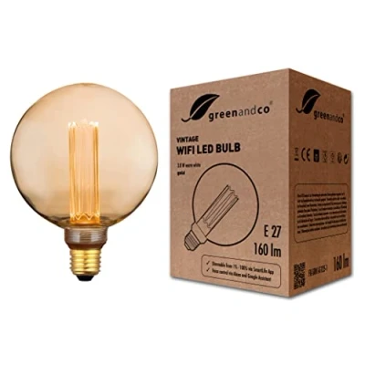 Immagine di greenandco® lampadina LED intelligente WiFi con app (nessun hub richiesto) Vintage Design E27 G125, 3.8W 160lm 1800K 230V, senza sfarfallio, dimmerabile, compatibile Alexa e Google Assistant