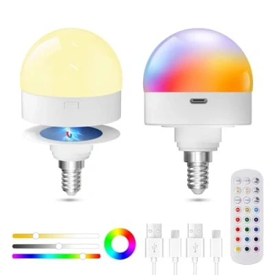 Immagine di TobeBright Lampadina Ricaricabile Colorata E14 con Telecomando, USB C 3 Temperature Colore+RGB Dimmerabile Lampadine a Batteria per Illuminazione di Emergenza, Campeggio, Luci Notturne(2 Pezzi)