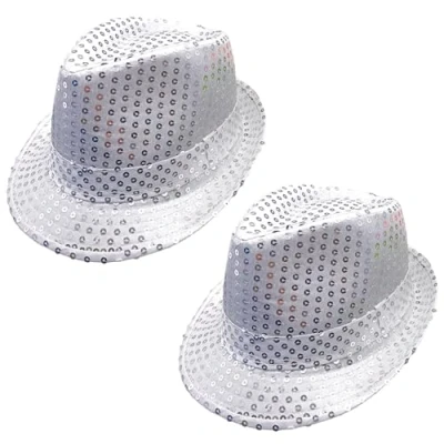 Immagine di FUIPVGI 2 Pezzi Cappellino Paillettes, Cappello con Paillettes da Discoteca, Accessorio per Costume Discoteca retrò, Jazz Fedora Cappelli Festa, Carnevale, Festa in Maschera (Argento)