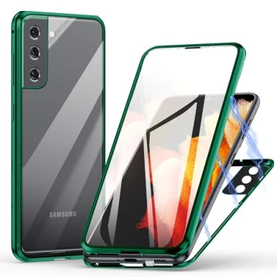 Immagine di Cover per Samsung Galaxy S22 5G, Custodia Adsorbimento Magnetico Ultrasottile 360 Gradi Protezione Full Body Trasparente Vetro Temperato Alluminio Protettiva Copertura Case verde