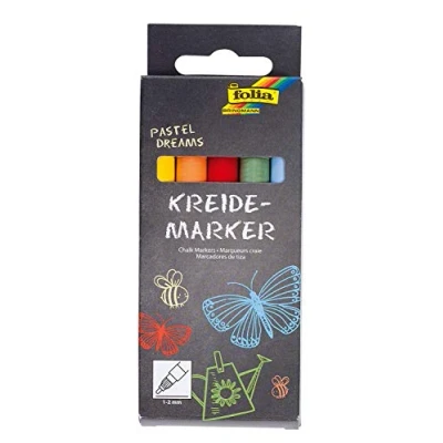 Immagine di folia 390539 Set di 5 pennarelli a gesso liquido base d&#039;acqua, per lavagne, fogli vetro, plastica, cancellabili con un panno umido