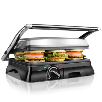 Immagine di Aigostar Samson Griglia multifunzione per panini maker da 2000W con 2 piani di cottura 29.5 * 23.5cm. Temperatura regolabile fino a 180 e vassoio raccogli briciole estraibile. Color argento