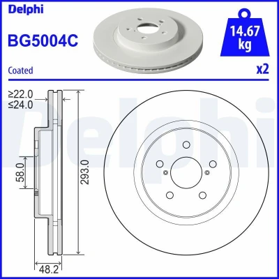 Immagine di DELPHI BG5004C Disco freno 293 24 5 ventilato rivestito non trattato senza cuscinetto ruota, anello sensore ABS SUBARU: XV II
